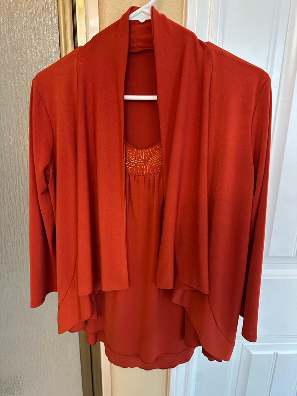 Rust orange  Red Draped Tank Top with Cardigan Overlay